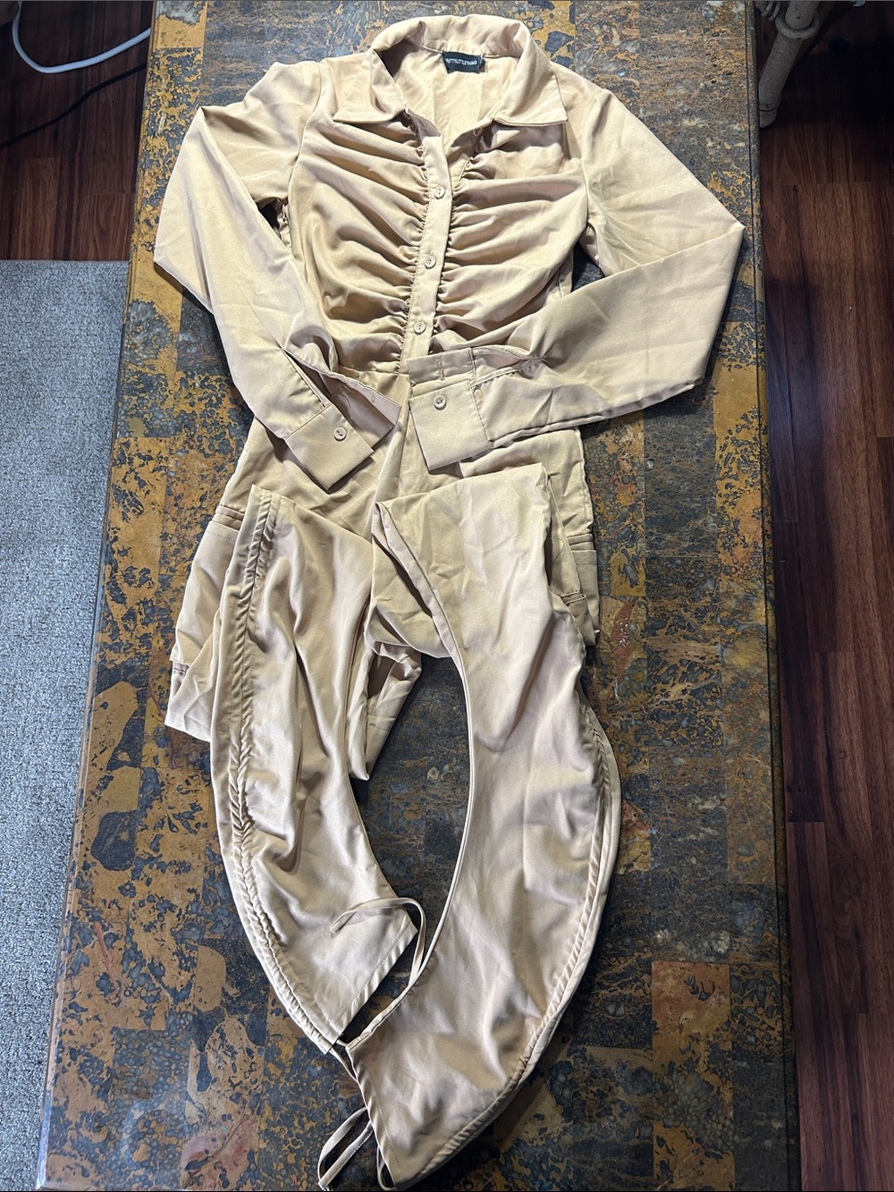 Pretty Little Thing Beige Ruched Button-Front Jumpsuit